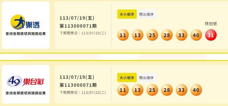 大樂透、49樂合彩中獎號碼。（擷取自台灣彩券）

